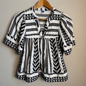 Old Navy Jacquard Black White Geometric‎ Print Peasant Blouse XS Aztec V-Neck